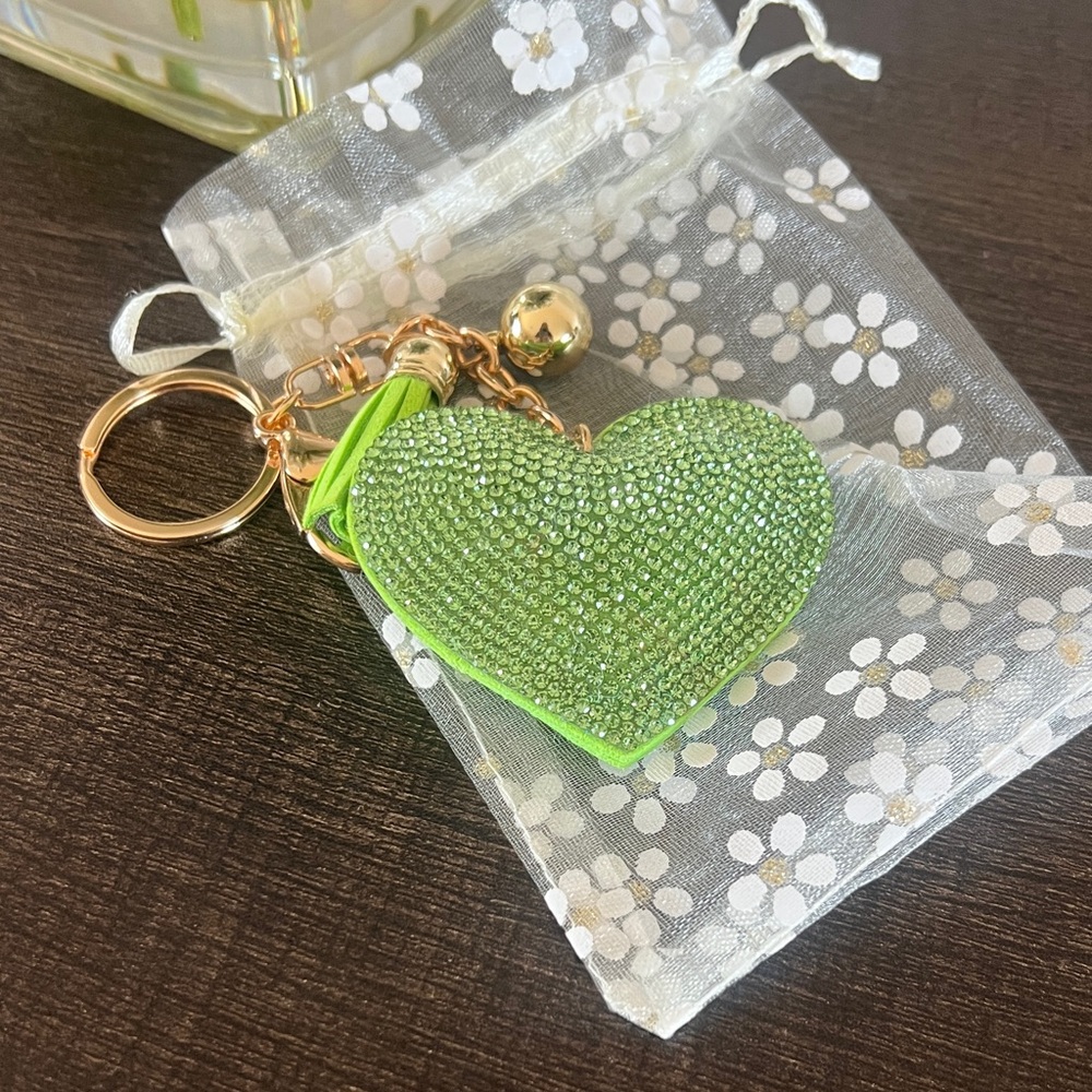 Green Crystal Heart Keychain with Gold Hardware
